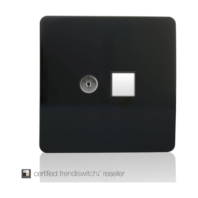 Screwless 2 gang telephone and TV coaxial socket in glossy piano black finish, square plate with chrome-trimmed TV port and white module, shown on a plain white background.