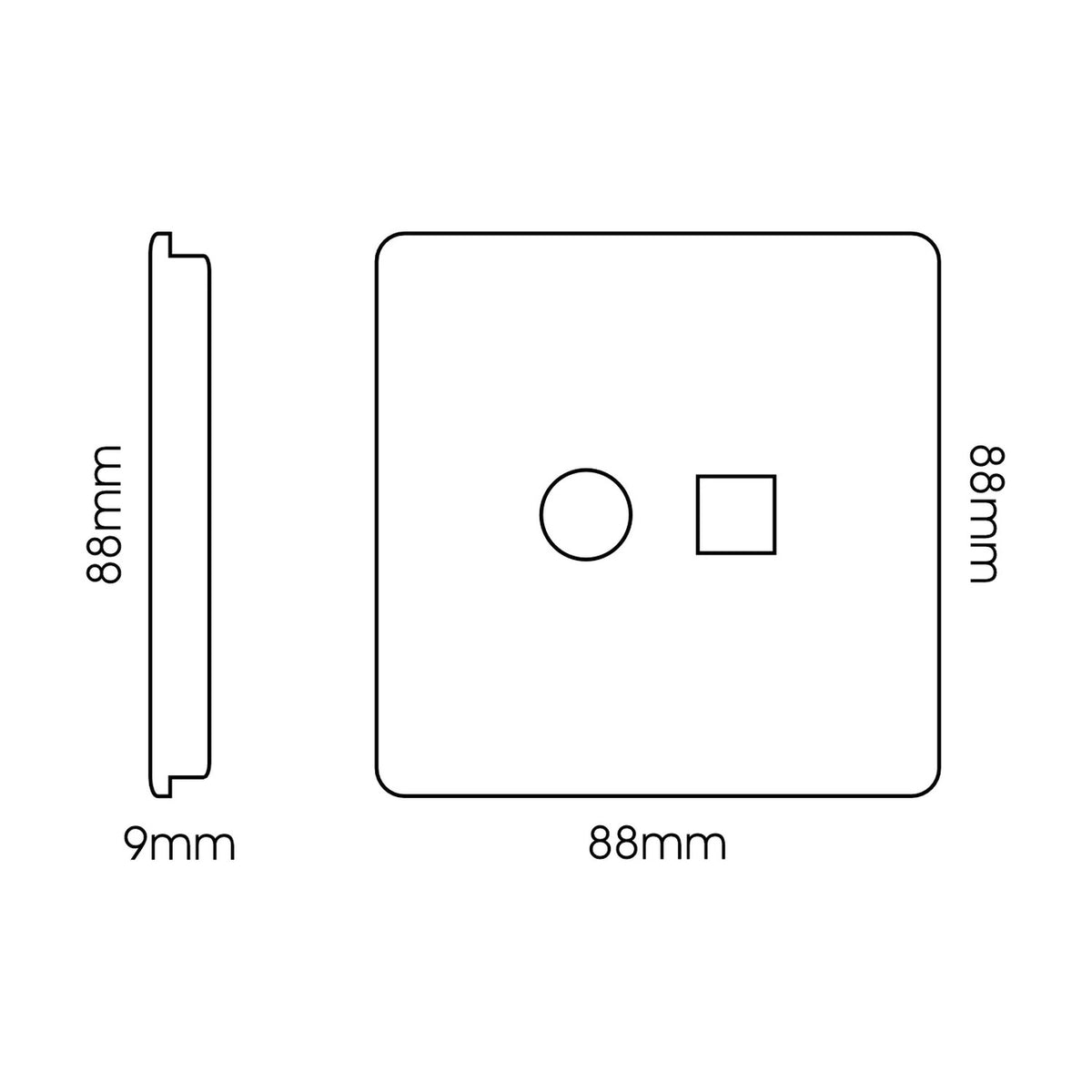 Front and side view of a square 2 gang TV aerial and telephone socket in carbon fibre finish with chrome trim, screwless plate, 88mm x 88mm x 9mm, on a white background.