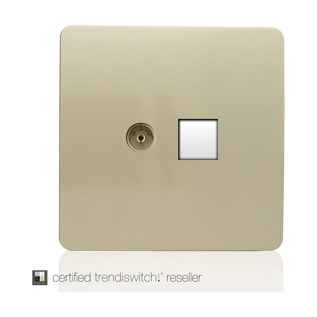 Square screwless 2 gang telephone and TV coaxial socket in champagne gold finish, with a white module for the telephone port, shown on a plain white background.