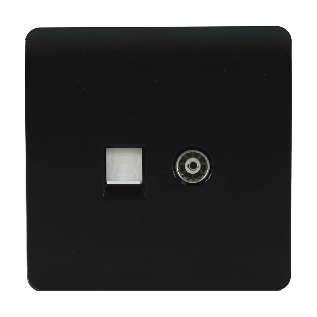 Square screwless matt black 2 gang telephone and TV socket plate with a white telephone jack and coaxial TV port, shown on a plain white background.