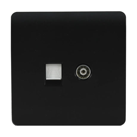 Square screwless matt black 2 gang telephone and TV socket plate with a white telephone jack and coaxial TV port, shown on a plain white background.