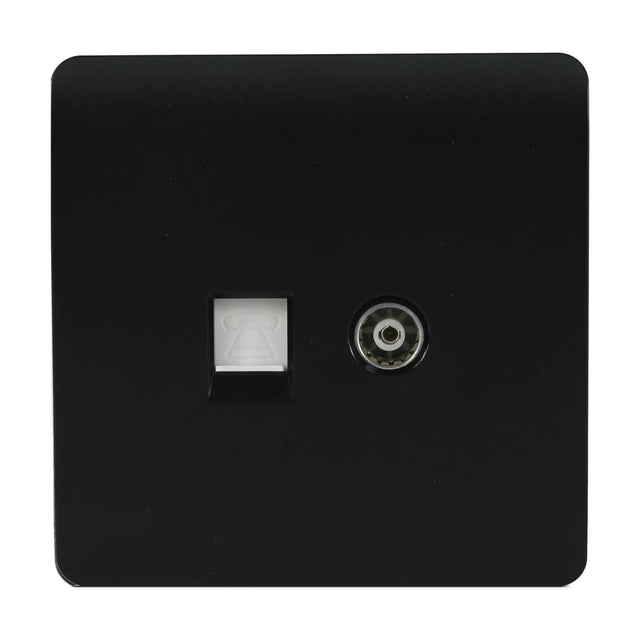 Square screwless matt black 2 gang telephone and TV socket plate with a white telephone jack and coaxial TV port, shown on a plain white background.
