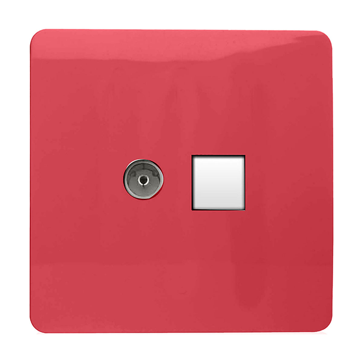 Screwless square 2 gang Telephone & TV socket in strawberry red, with a chrome coaxial connector and white telephone jack outlet, shown on a white background.