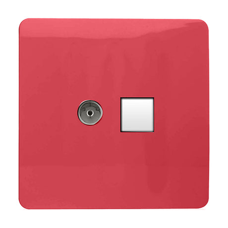 Screwless square 2 gang Telephone & TV socket in strawberry red, with a chrome coaxial connector and white telephone jack outlet, shown on a white background.