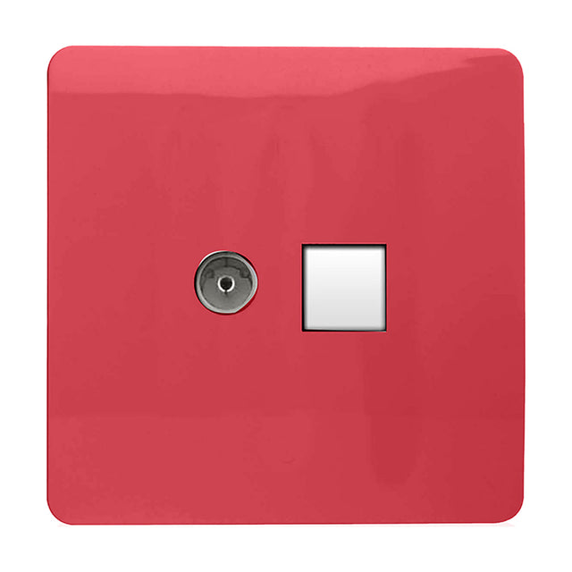 Screwless square 2 gang Telephone & TV socket in strawberry red, with a chrome coaxial connector and white telephone jack outlet, shown on a white background.