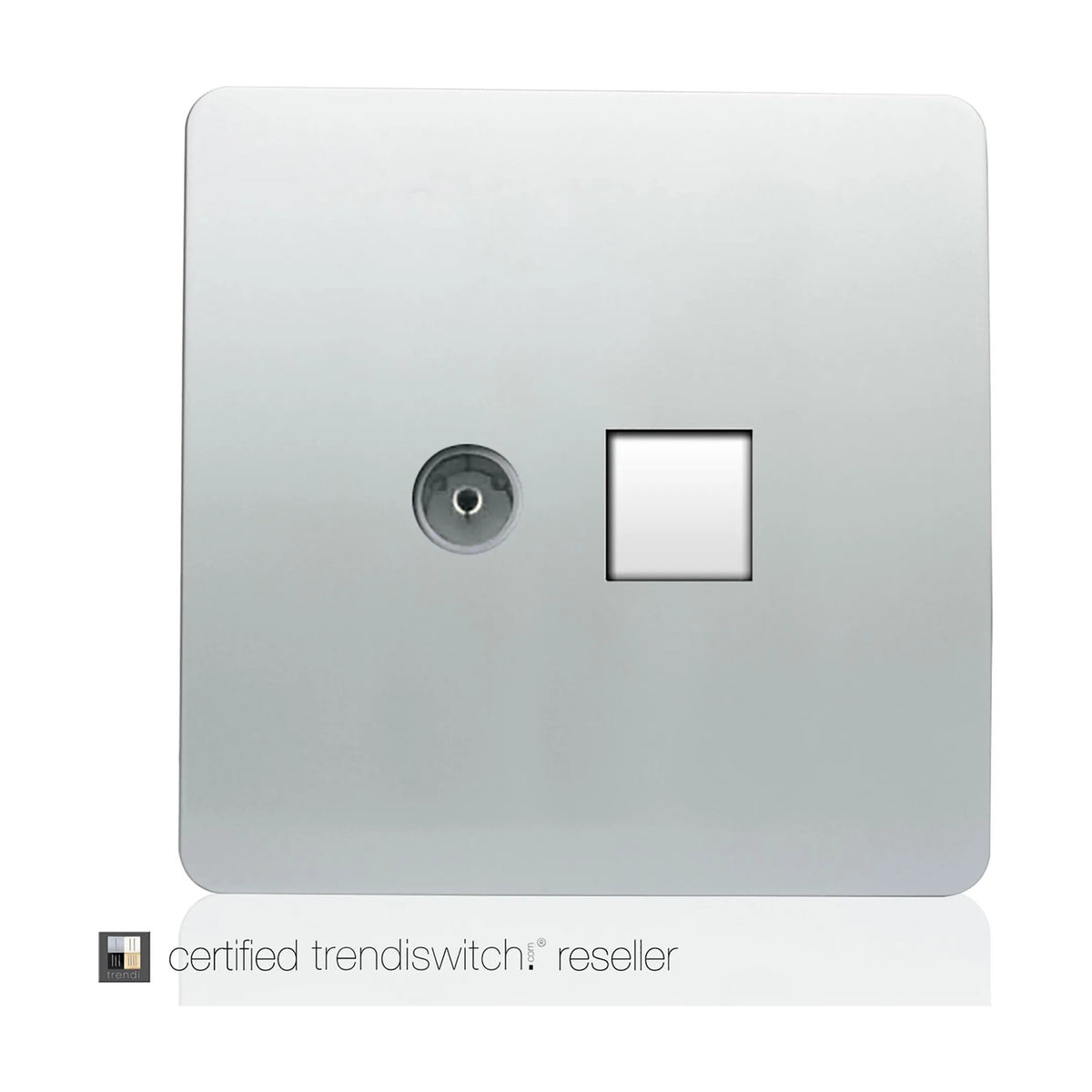 Screwless square wall plate in platinum silver with a coaxial TV socket and telephone point side by side, shown on a plain white background.