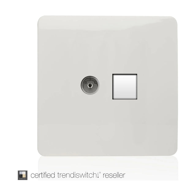 Square screwless ice white 2 gang telephone and TV socket plate with a coaxial TV port and telephone/network jack, shown on a plain white background.