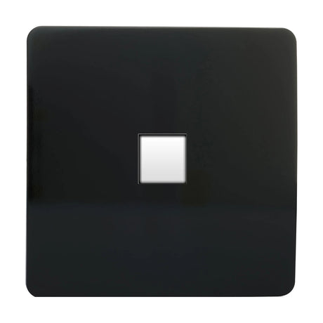 1 Gang Telephone Outlet in Piano Black, a screwless square plate with high gloss finish and a small central telephone port, shown on a plain white background.