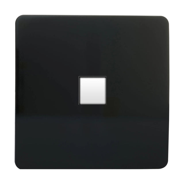 1 Gang Telephone Outlet in Piano Black, a screwless square plate with high gloss finish and a small central telephone port, shown on a plain white background.