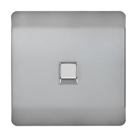 Square screwless 1 gang telephone outlet in brushed steel with a single central aperture and chrome surround, shown on a plain white background.