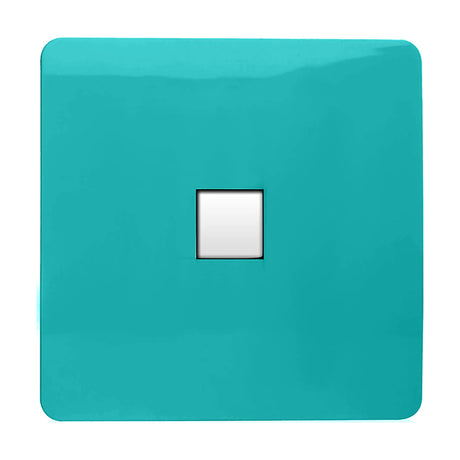 1 Gang Telephone Outlet in bright teal with a screwless square plate and central white RJ11 port, shown on a plain white background.