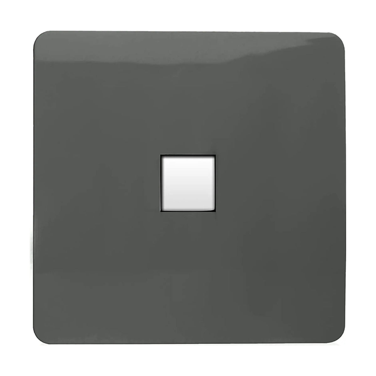 Charcoal 1 gang telephone outlet with screwless square plate and single white RJ11 port, shown on a plain white background.