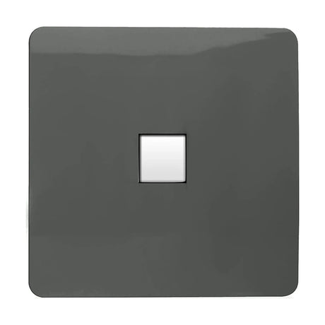 Charcoal 1 gang telephone outlet with screwless square plate and single white RJ11 port, shown on a plain white background.
