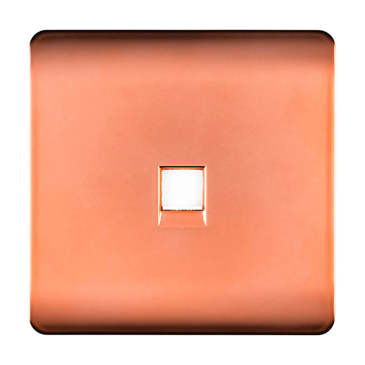 Square 1 gang telephone outlet in copper finish with screwless plate and central RJ11 data port, shown on a plain white background.