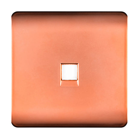 Square 1 gang telephone outlet in copper finish with screwless plate and central RJ11 data port, shown on a plain white background.