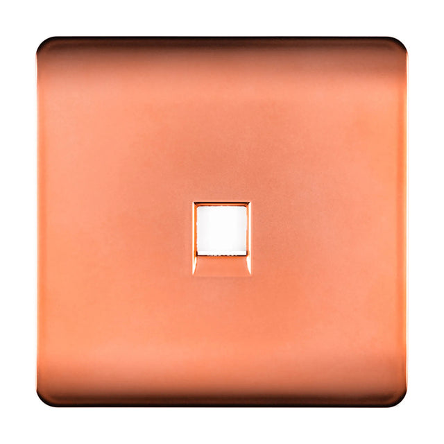 Square 1 gang telephone outlet in copper finish with screwless plate and central RJ11 data port, shown on a plain white background.