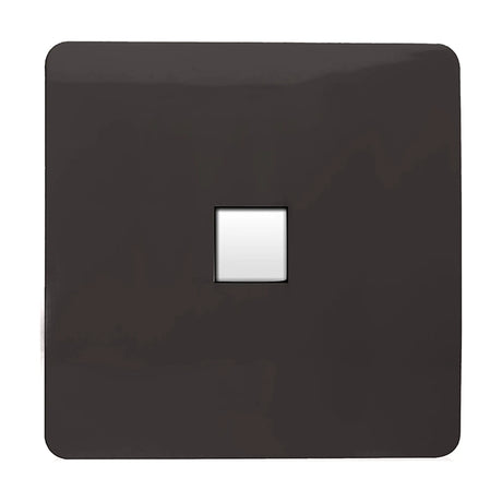 Square 1 gang telephone outlet in dark brown with a screwless front plate and central white RJ11 socket, shown on a plain white background.