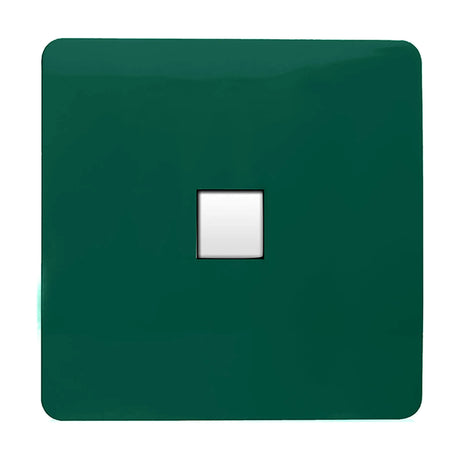 Screwless 1 gang telephone outlet in dark green, square plate with central white RJ11 socket, shown on a plain white background.