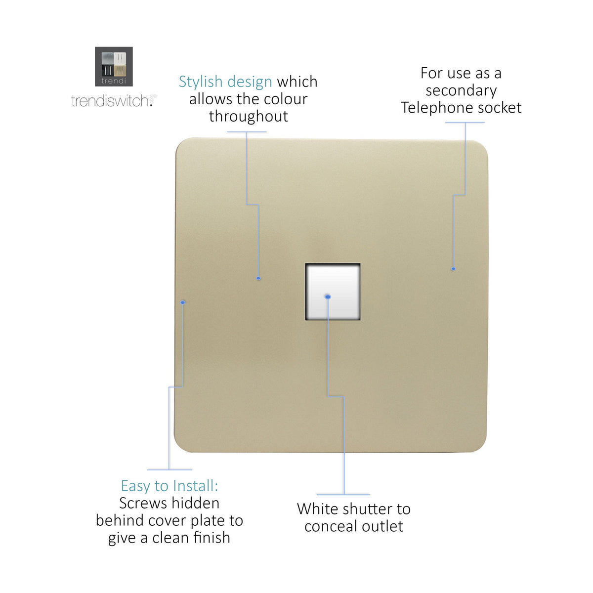 1 Gang Telephone Outlet in champagne gold, screwless square plate with white shutter over the socket, diagram showing design features on a white background.