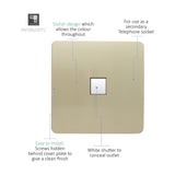 1 Gang Telephone Outlet in champagne gold, screwless square plate with white shutter over the socket, diagram showing design features on a white background.