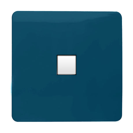 Square 1 gang telephone outlet in midnight blue with a screwless flat plate and central white RJ11 socket, shown on a plain white background.