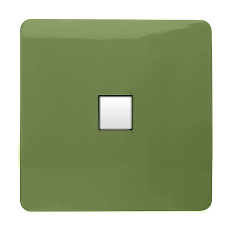 1 Gang Telephone Outlet in moss green, a screwless square flat plate with a single white RJ11 telephone port, shown on a plain white background.