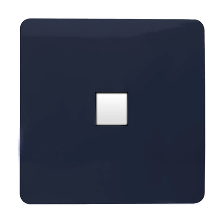 1 Gang Telephone Outlet in navy blue, square screwless plate with a white shuttered data socket aperture, shown on a plain white background.