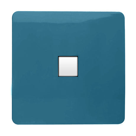 Square 1 gang telephone outlet in ocean blue, screwless flat plate with a central white RJ11 port, on a plain white background.