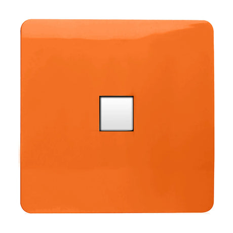 1 Gang Telephone Outlet in orange, screwless square plate with central white RJ11 socket, plain white background.