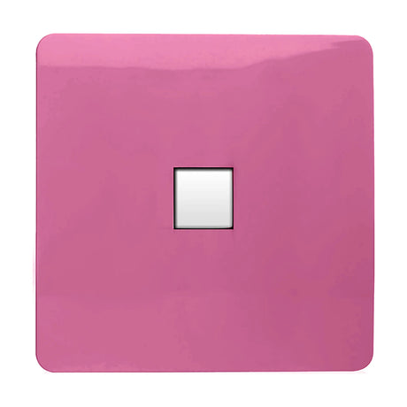 Pink 1 gang telephone outlet with a square screwless plate and single white socket aperture, shown on a plain white background.