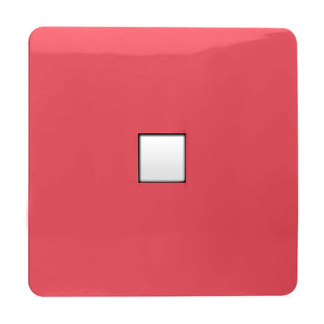 1 gang telephone outlet in strawberry pink, screwless square plate with white telephone socket, shown on a plain white background.