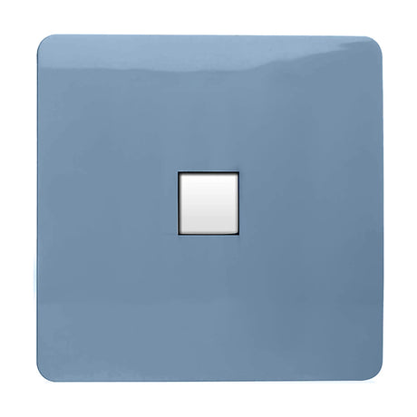 1 gang telephone outlet in sky blue with a flat screwless square plate and central white telephone connection point, shown on a plain white background.