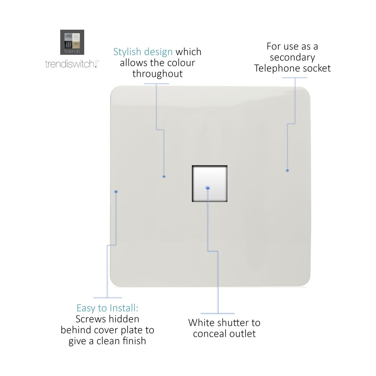 Square 1 gang telephone outlet in ice white with screwless flat faceplate and white shutter, shown with labelled features on a white background.
