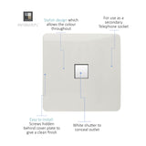 Square 1 gang telephone outlet in ice white with screwless flat faceplate and white shutter, shown with labelled features on a white background.