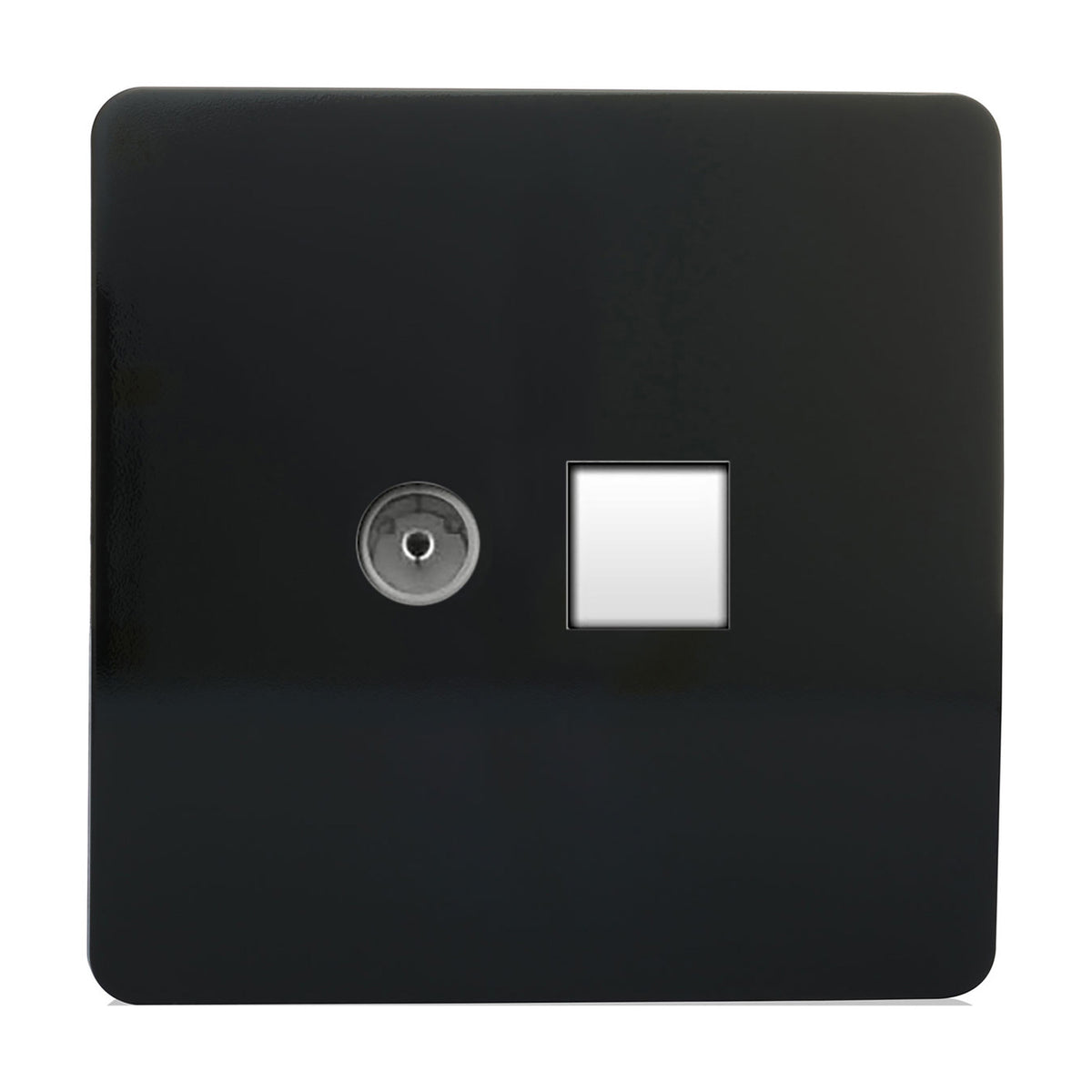 2 Gang Telephone & Cat 5 Data Socket in gloss piano black, screwless square plate with a telephone port and white ethernet data socket side by side, shown on a plain white background.