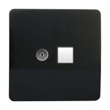 2 Gang Telephone & Cat 5 Data Socket in gloss piano black, screwless square plate with a telephone port and white ethernet data socket side by side, shown on a plain white background.