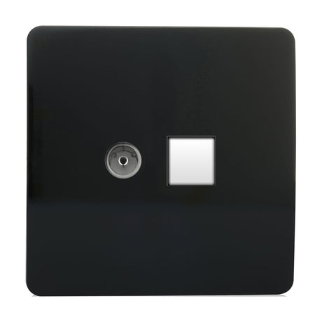 2 Gang Telephone & Cat 5 Data Socket in gloss piano black, screwless square plate with a telephone port and white ethernet data socket side by side, shown on a plain white background.
