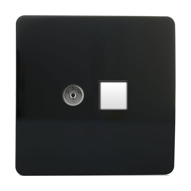 2 Gang Telephone & Cat 5 Data Socket in gloss piano black, screwless square plate with a telephone port and white ethernet data socket side by side, shown on a plain white background.