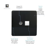 Screwless square wall plate in gloss piano black with a coaxial TV connector and a white shuttered secondary telephone socket, shown on a plain white background with labelled features.