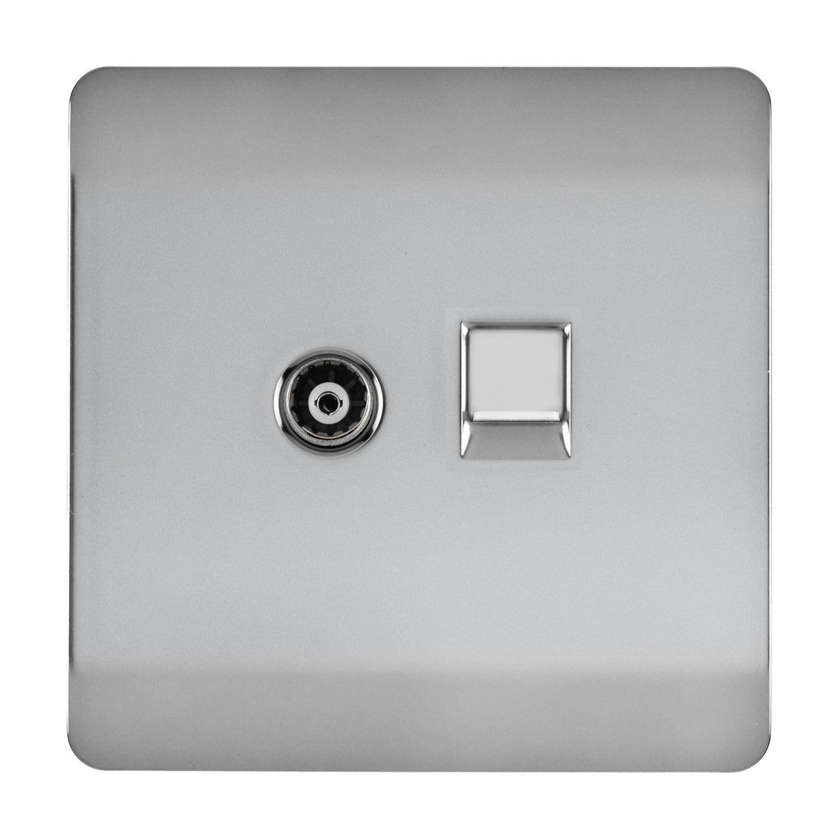 Screwless square brushed steel 2 gang socket plate with a telephone jack and Cat 5 data port, shown against a plain white background.
