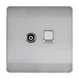 Screwless square brushed steel 2 gang socket plate with a telephone jack and Cat 5 data port, shown against a plain white background.