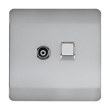 Screwless square brushed steel 2 gang socket plate with a telephone jack and Cat 5 data port, shown against a plain white background.