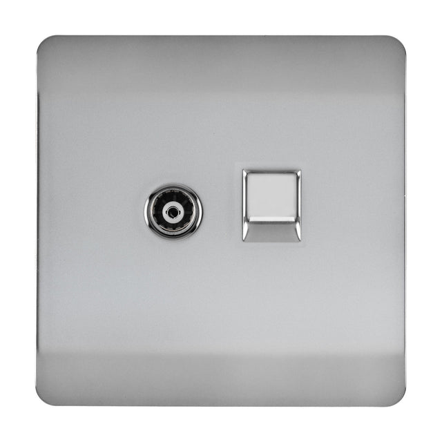 Screwless square brushed steel 2 gang socket plate with a telephone jack and Cat 5 data port, shown against a plain white background.