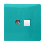 Bright teal screwless faceplate with a chrome TV/coaxial socket and white Cat 5 ethernet port side by side, shown on a plain white background.