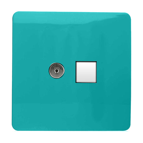 Bright teal screwless faceplate with a chrome TV/coaxial socket and white Cat 5 ethernet port side by side, shown on a plain white background.