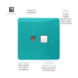 Bright teal screwless faceplate with a coaxial TV connection and a white shuttered secondary telephone socket, shown on a plain white background with labelled callouts.