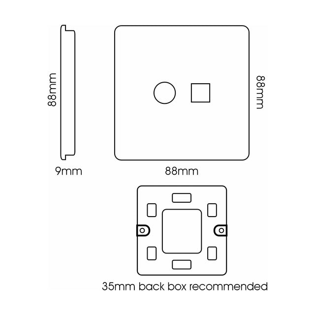 Technical line drawing of a 2 gang Cat 5 ethernet socket in carbon fibre finish, showing front, side, and rear mounting views with 88mm x 88mm dimensions and 35mm back box.