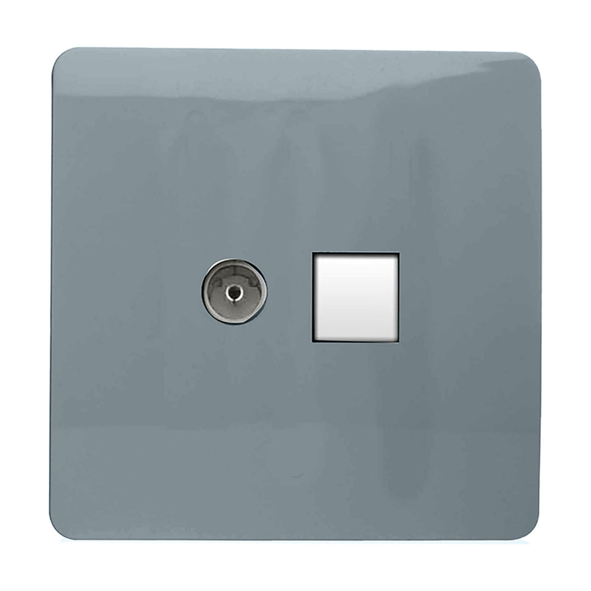 Cool grey square screwless plate socket combining a telephone point and a white Cat 5 data port, shown against a plain white background.