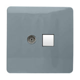 Cool grey square screwless plate socket combining a telephone point and a white Cat 5 data port, shown against a plain white background.