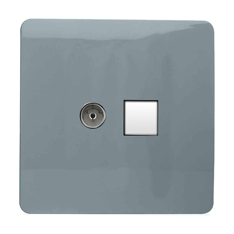 Cool grey square screwless plate socket combining a telephone point and a white Cat 5 data port, shown against a plain white background.